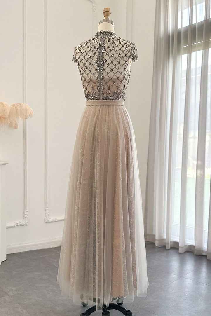 Champagne Jewel Neck Beading A Line Prom Dress Tulle Diamond Studded