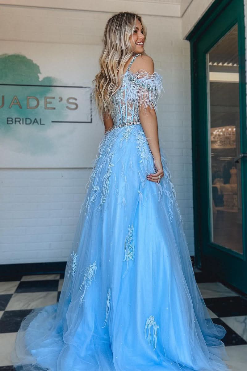 Lovely A-Line V Neck Lace Tulle Prom Dress with Beading and Feathers BM bride