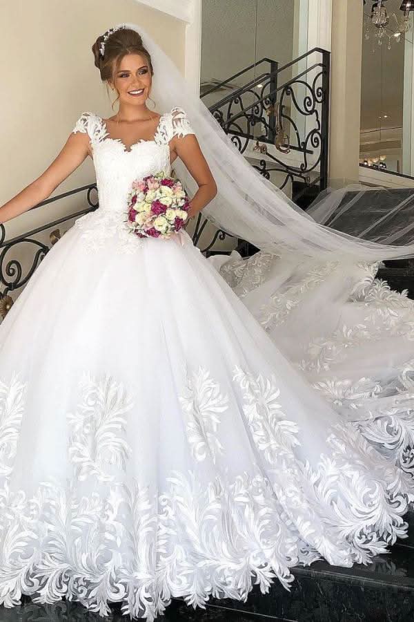 Elegant Long Cap Sleeve Princess Wedding Dress with Tulle Lace BM bride