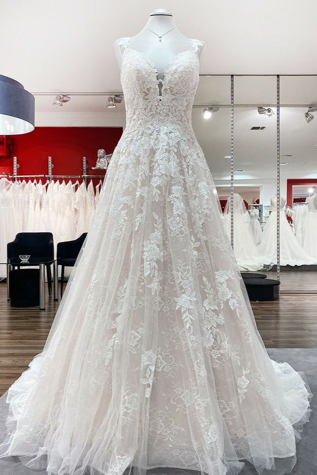 V-Neck Long A-Line Wedding Dress with Ruffles, Open Back, and Tulle Lace BM bride