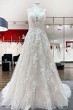 V-Neck Long A-Line Wedding Dress with Ruffles, Open Back, and Tulle Lace BM bride
