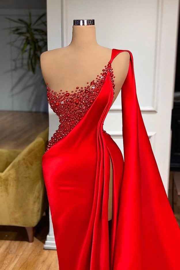 Mermaid Red One Shoulder Sleeveless Ruffles Prom Dress Split With Beadings