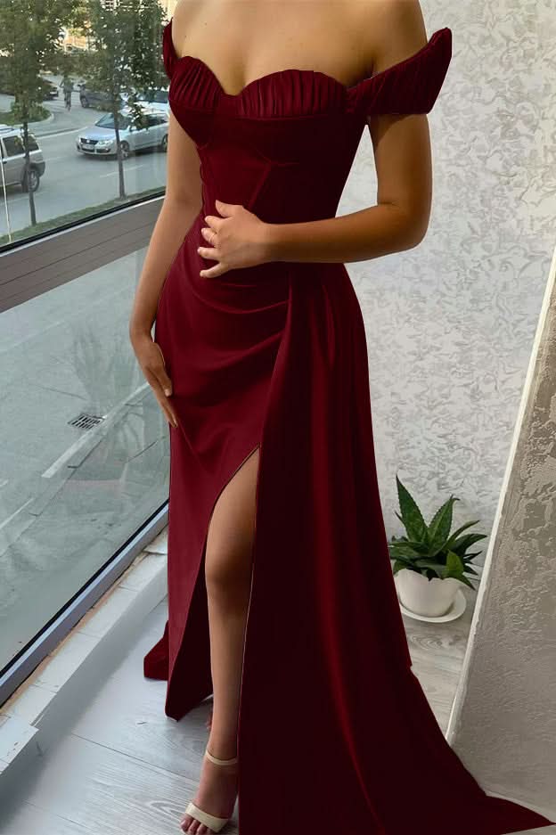 Stunning Lilac Off-the-Shoulder Evening Dress with Long Ruffle and Split BM bride