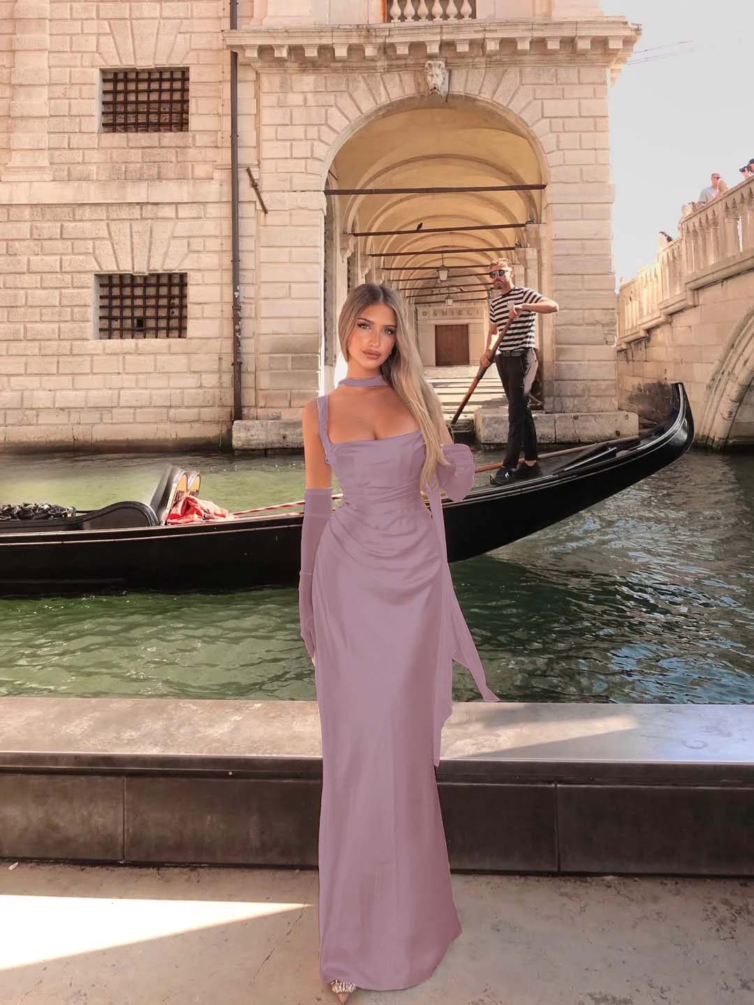 Spaghetti Strap Sleeveless Long Mermaid Prom Dress With Gloves BMBRIDE