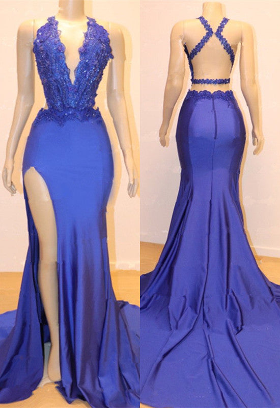 Blue Halter Mermaid Long Prom Dress with Split and Lace Appliques BM bride