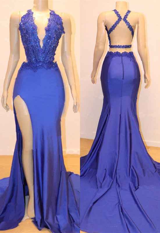 Mermaid Halter Blue Long Prom Dress Sleeveless Split With Lace Appliques