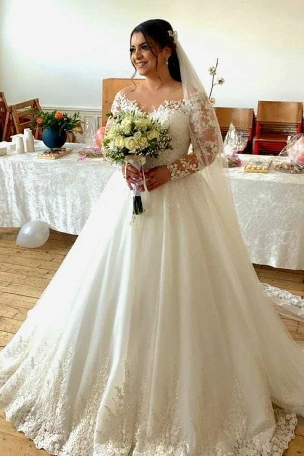 Glamorous A-line Floral Wedding Dress V-Neck Long With Lace BM bride