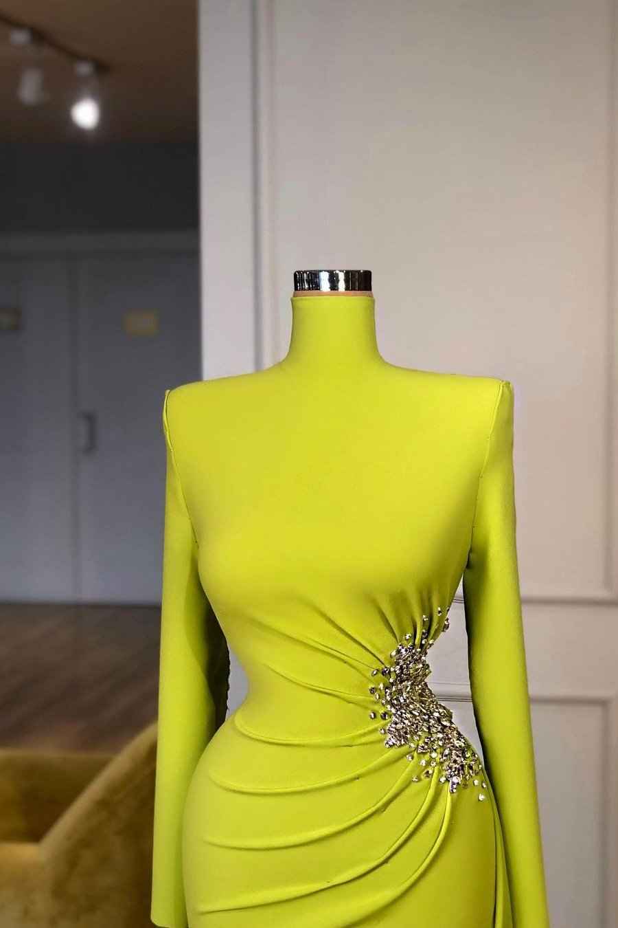 Charming Mermaid Long Sleeves Pleated Evening Dress High Neck With Beadings