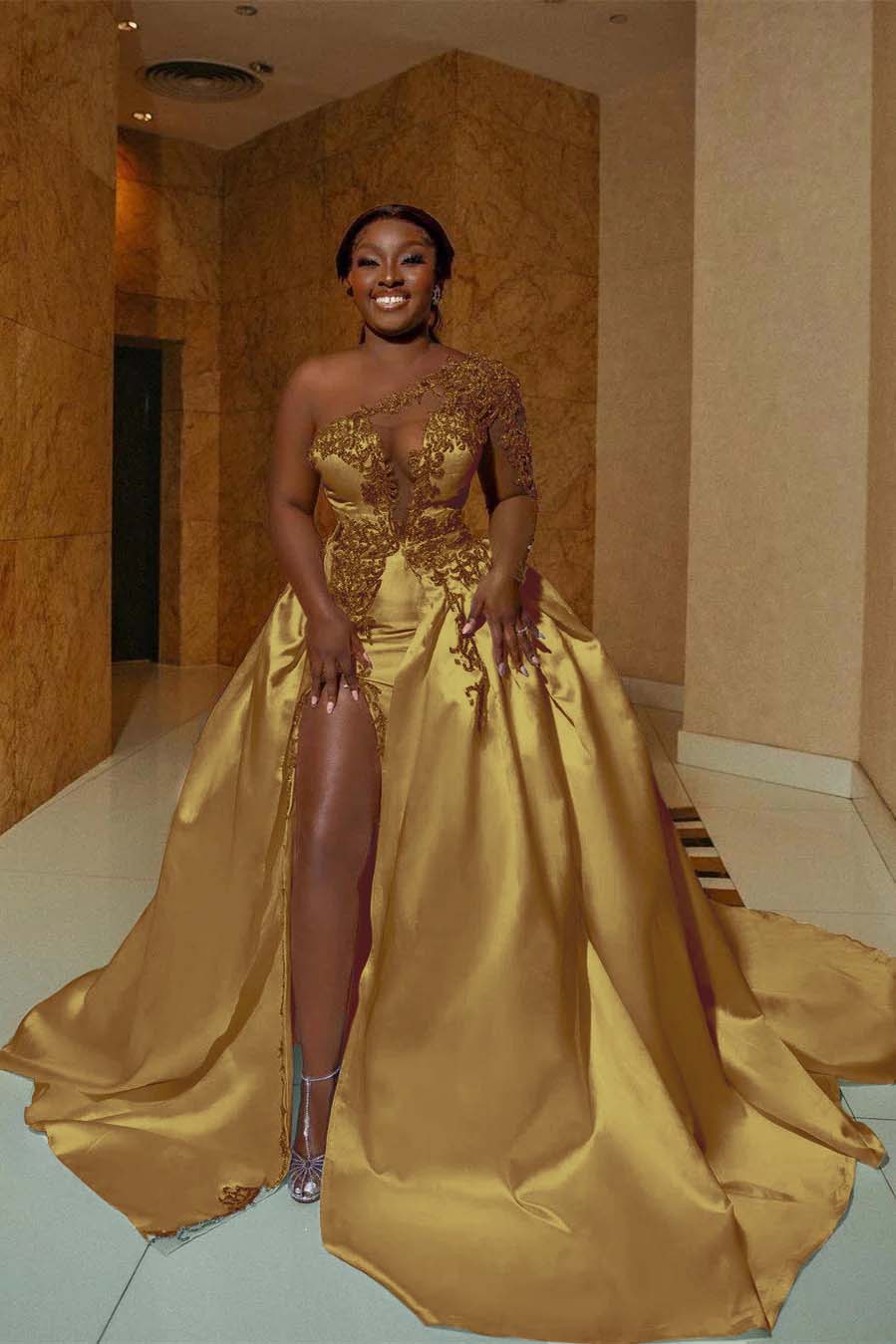 One Shoulder Sleeveless Long Split Prom Dress With Appliques BMBRIDE