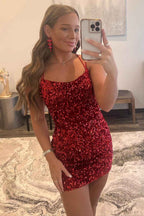 Red Tight Sequins Backless Homecoming Dress Bmbride