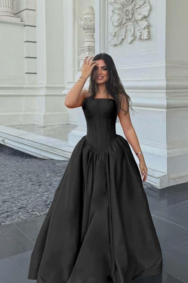Chic Sleeveless Strapless Long A Line Prom Dress With Pleated BMBRIDE