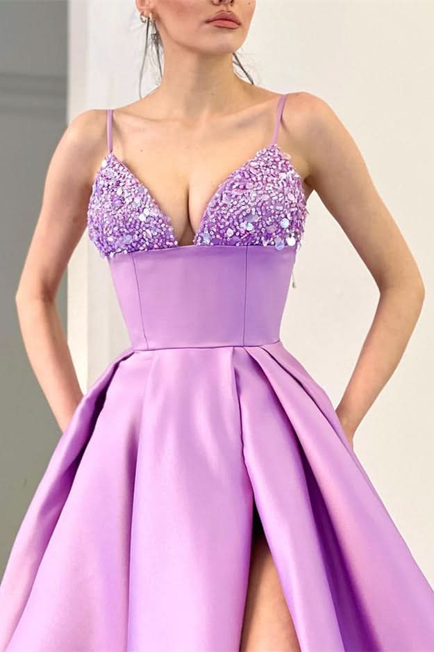 Lavender Spaghetti-Straps Sequins A-Line Evening Dress with Split BM bride