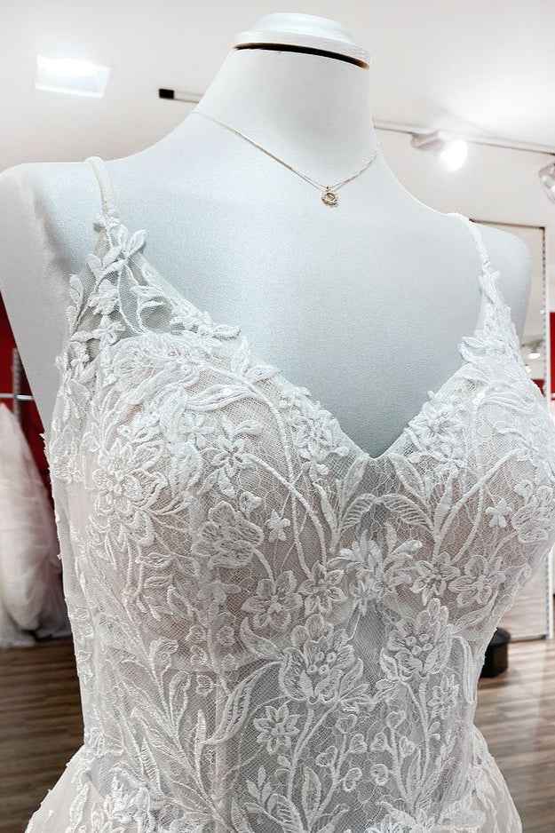 Elegant V-Neck Long A-Line Lace Wedding Dress with Tulle and Spaghetti Straps BM bride