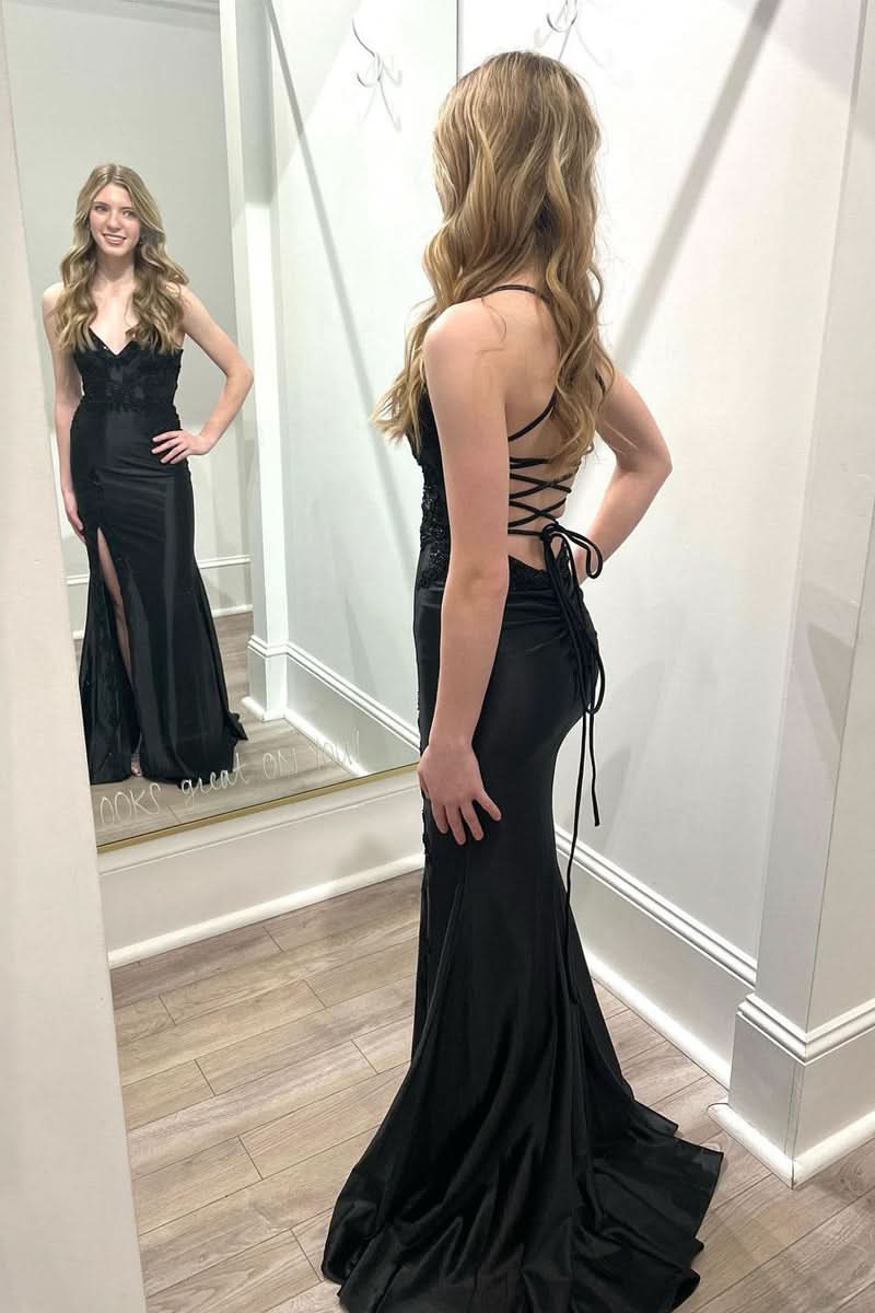 Elegant Black V Neck Satin Mermaid Long Prom Dress with Slit BM bride