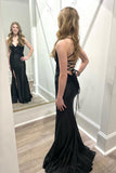 Elegant Black V Neck Satin Mermaid Long Prom Dress with Slit BM bride