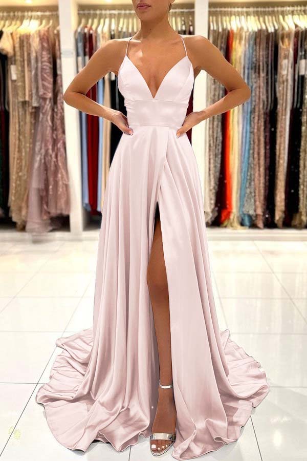 Simple Blue A Line Sleeveless Spaghetti Strap Split Prom Dress With Open Back BMBRIDE