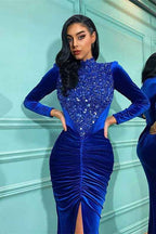 High Neck Mermaid Long Sleeves Royal Blue Split Prom Dress With Beadings