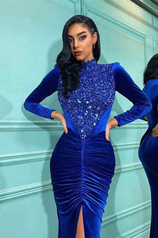High Neck Mermaid Long Sleeves Royal Blue Split Prom Dress With Beadings