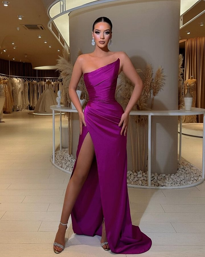 Purple Asymmetric Mermaid Prom Dress Strapless Pleated Slit Ball Gown BM bride