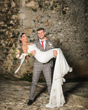 V-neck Spaghetti Straps Backless Mermaid Wedding Dress With Lace Appliques BM bride