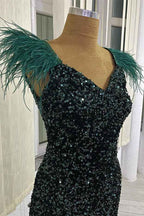 V Neck Sequins Sleeveless Mermaid Dark Green Long Prom Dress With Feather