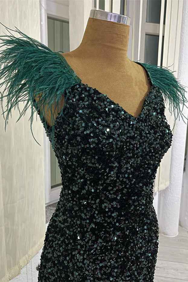 V Neck Sequins Mermaid Dark Green Long Prom Dress With Feather