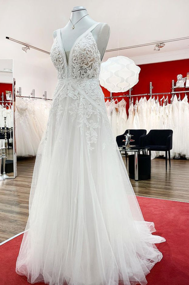 Sleeveless Long A-Line Tulle Open Back Wedding Dress with Lace Appliques BM bride