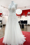 Sleeveless Long A-Line Tulle Open Back Wedding Dress with Lace Appliques BM bride