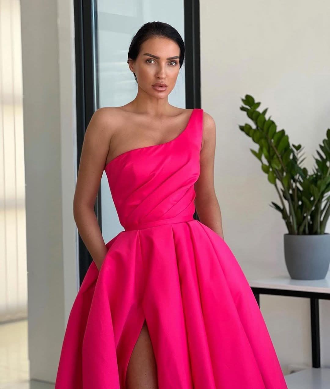 Charming A-Line One Shoulder Fuchsia Sequins Long Prom Dress with Slit BM bride