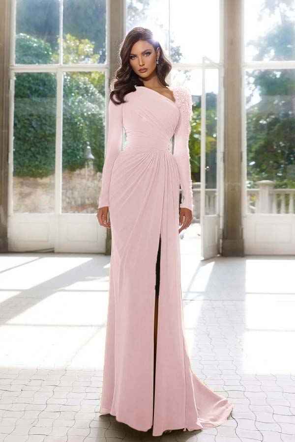 Elegant Long Sleeves Yellow Prom Dress Asymmetric Pleated Split