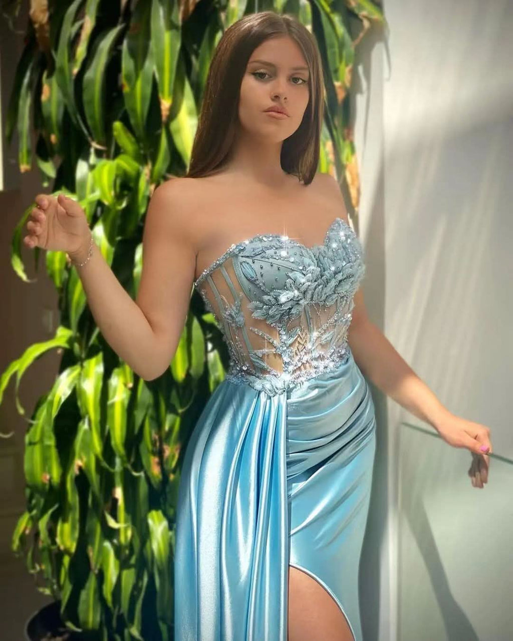 Sky Blue Sweetheart Sleeveless Mermaid Evening Dress with Beads and Satin Ruffle Slit BM bride