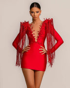 Evening Dress Short Red V-Neck Tassel Sexy Long Sleeves BM bride