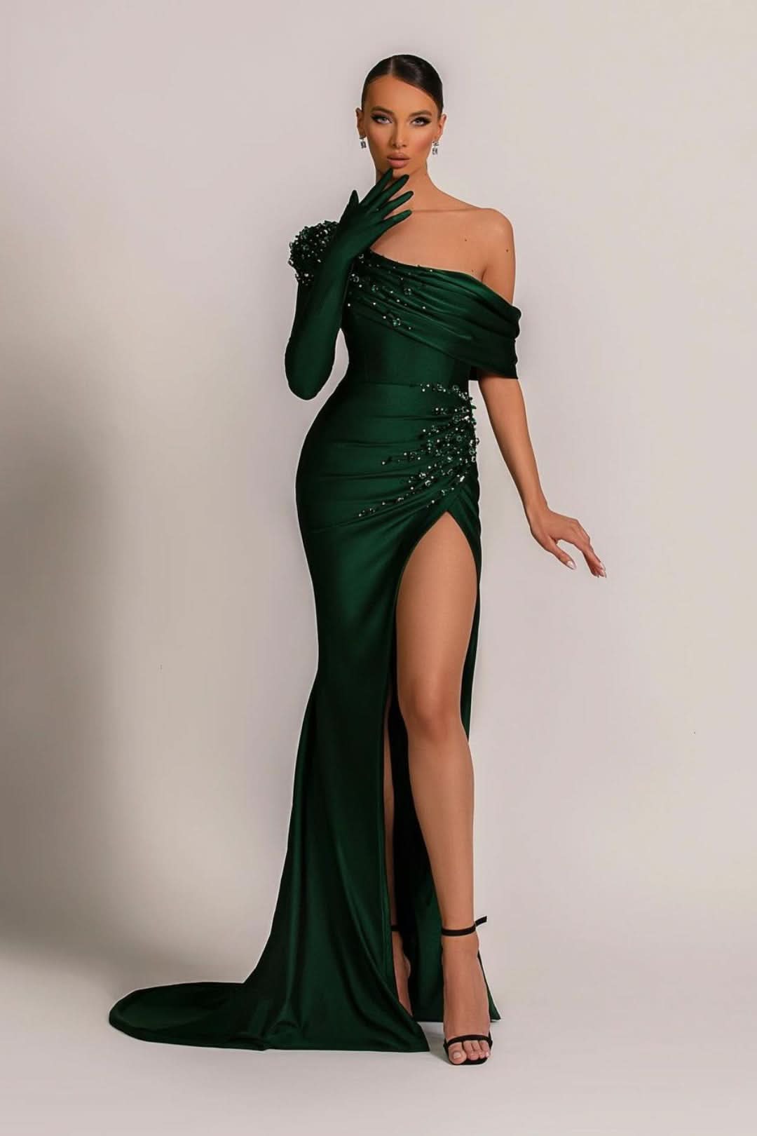 Emerald Green Evening Dress One Shoulder with Pearl Split BM bride