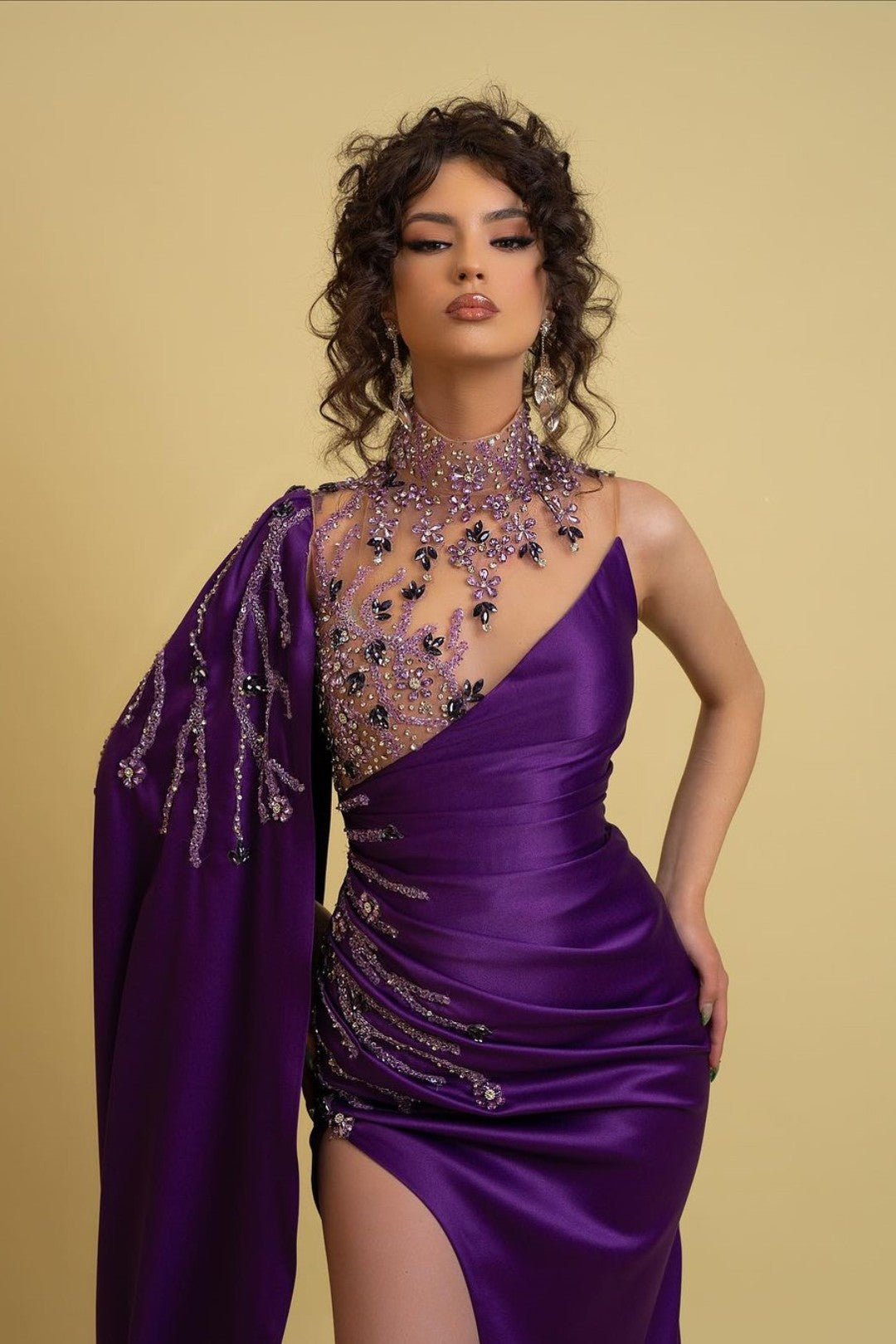 High Neck Prom Dress Regency One Shoulder With Ruched Beads BMBRIDE