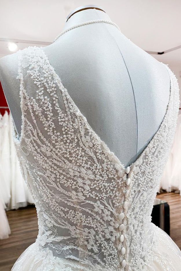 Unique V-Neck Princess Ivory Wedding Dress with Ruffles and Tulle Lace BM bride