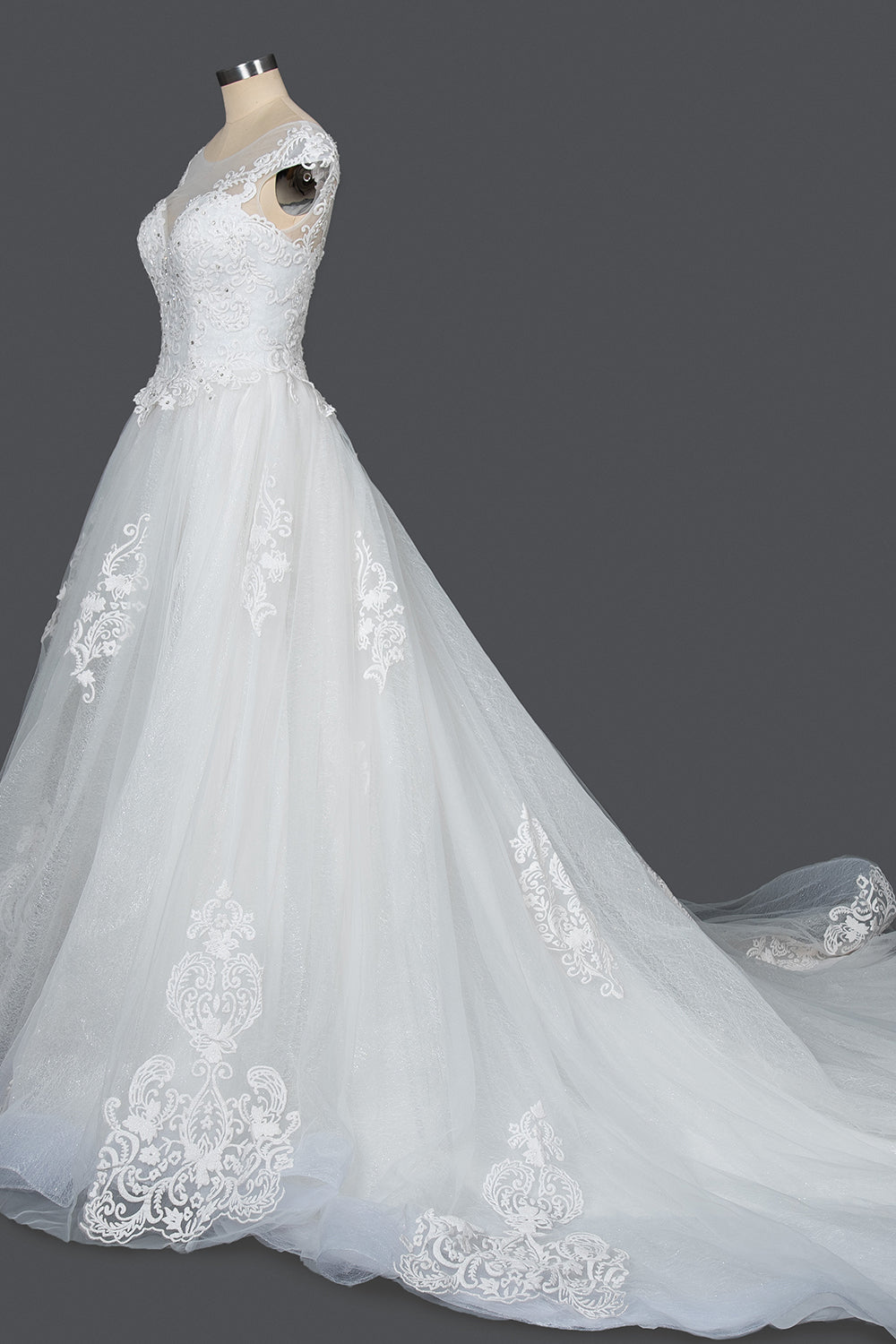Elegant Cap Sleeve Sheer Tulle Ball Gown Wedding Dress with Lace V-Neck BM bride