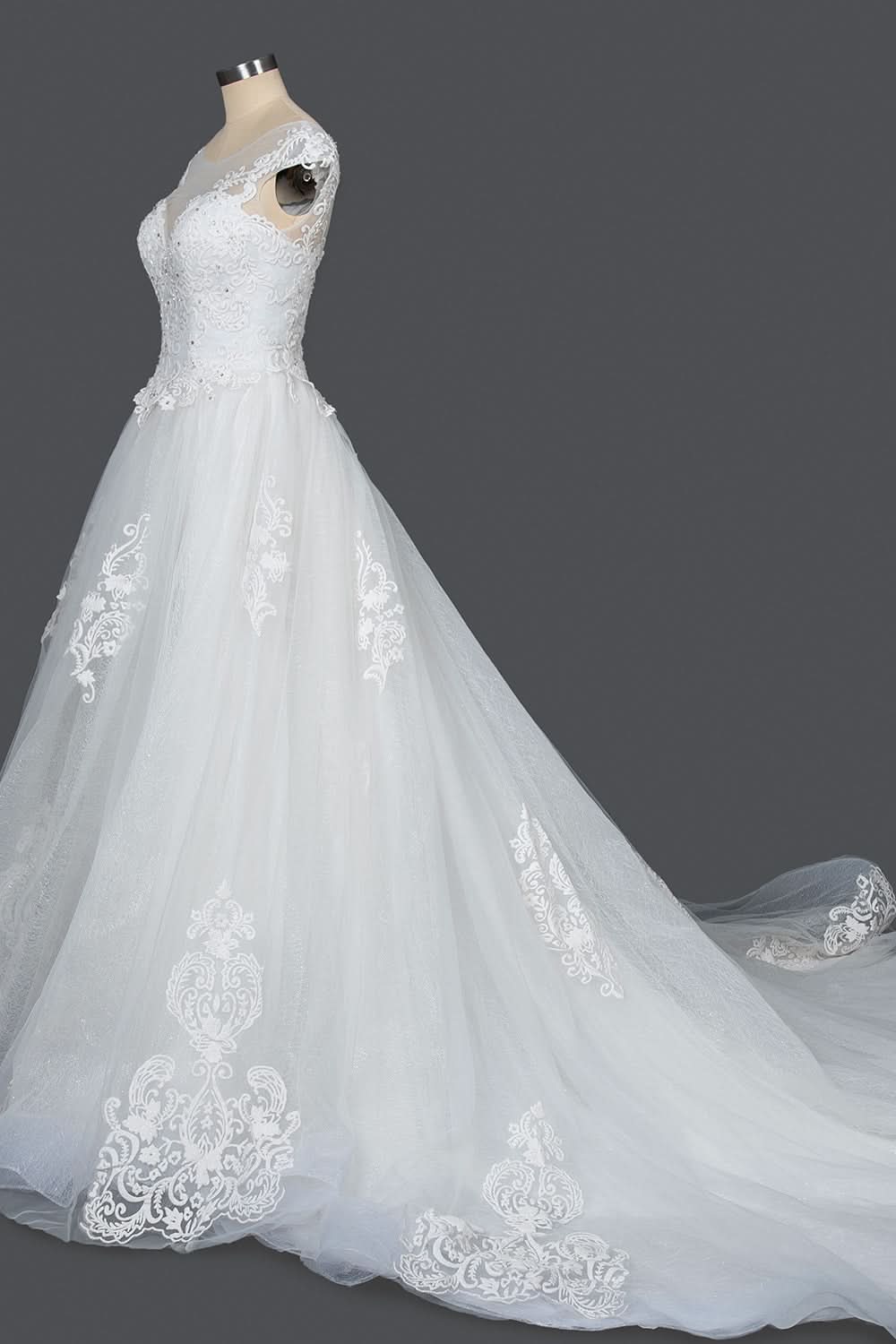 Elegant Cap Sleeve Sheer Tulle Ball Gown Wedding Dress with Lace V-Neck BM bride