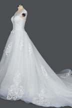 Elegant Cap Sleeve Sheer Tulle Ball Gown Wedding Dress with Lace V-Neck BM bride