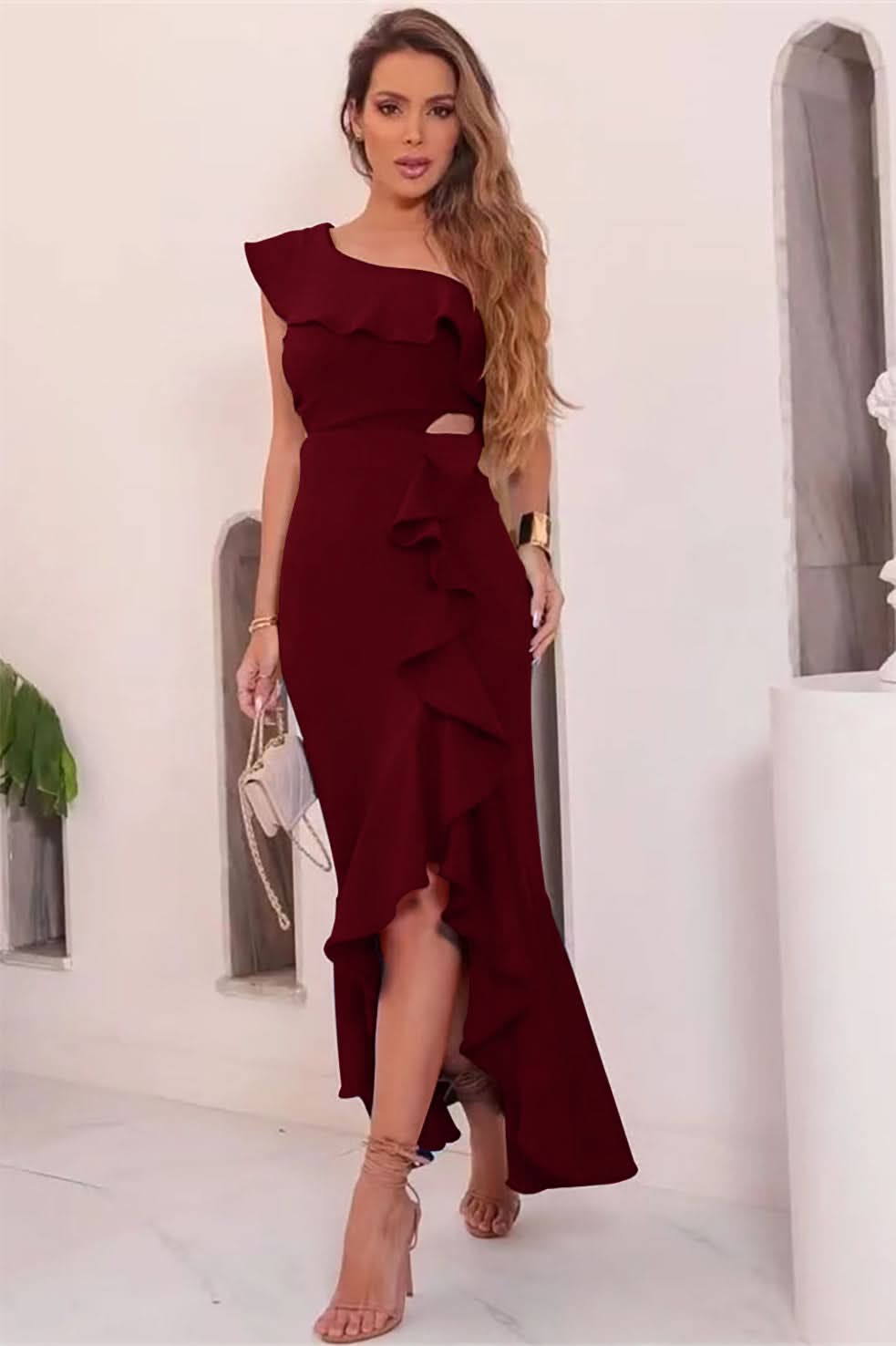 Gorgeous Royal Blue One-Shoulder Ruffled Prom Dress BM bride