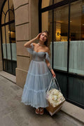 Tulle Off the Shoulder Sweetheart Strapless A Line Long Prom Dress