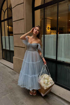 Tulle Off the Shoulder Sweetheart Strapless A Line Long Prom Dress