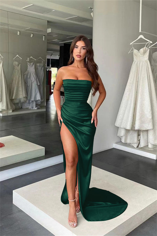 Coral Strapless Mermaid Prom Dress with Split Pleats BM bride