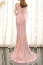 Pink Sequins Mermaid Ruffles Sleeves Prom Dress With Scoop Beadings