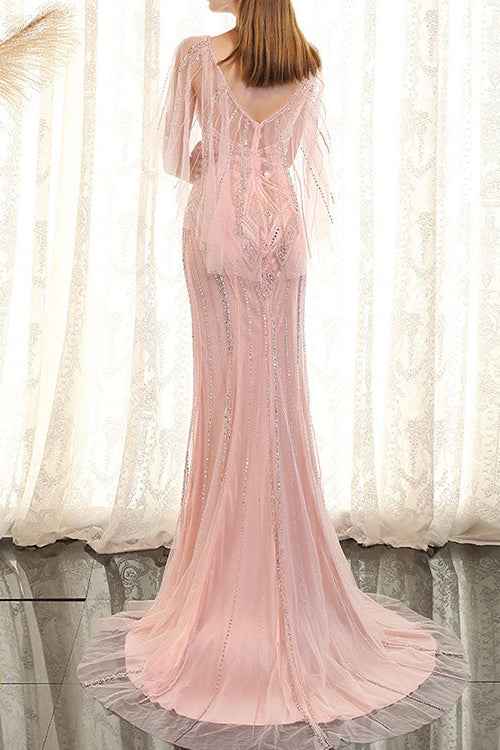 Pink Sequins Mermaid Ruffles Sleeves Prom Dress With Scoop Beadings