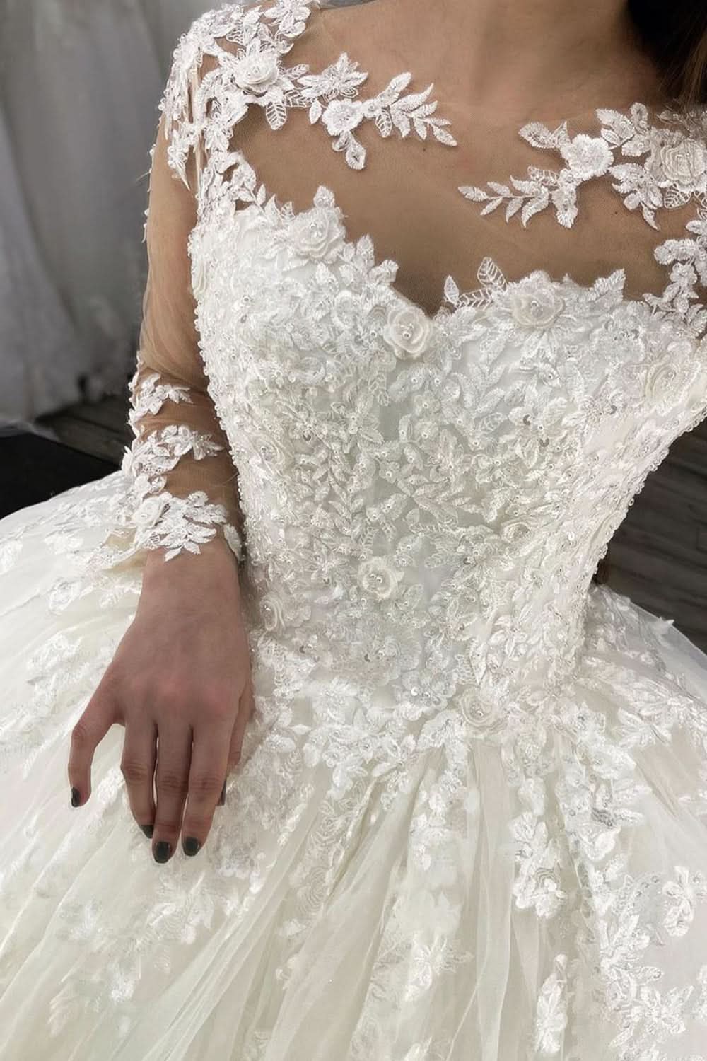 Sheer Tulle Ball Gown Wedding Dress With Long Sleeves Appliques BM bride
