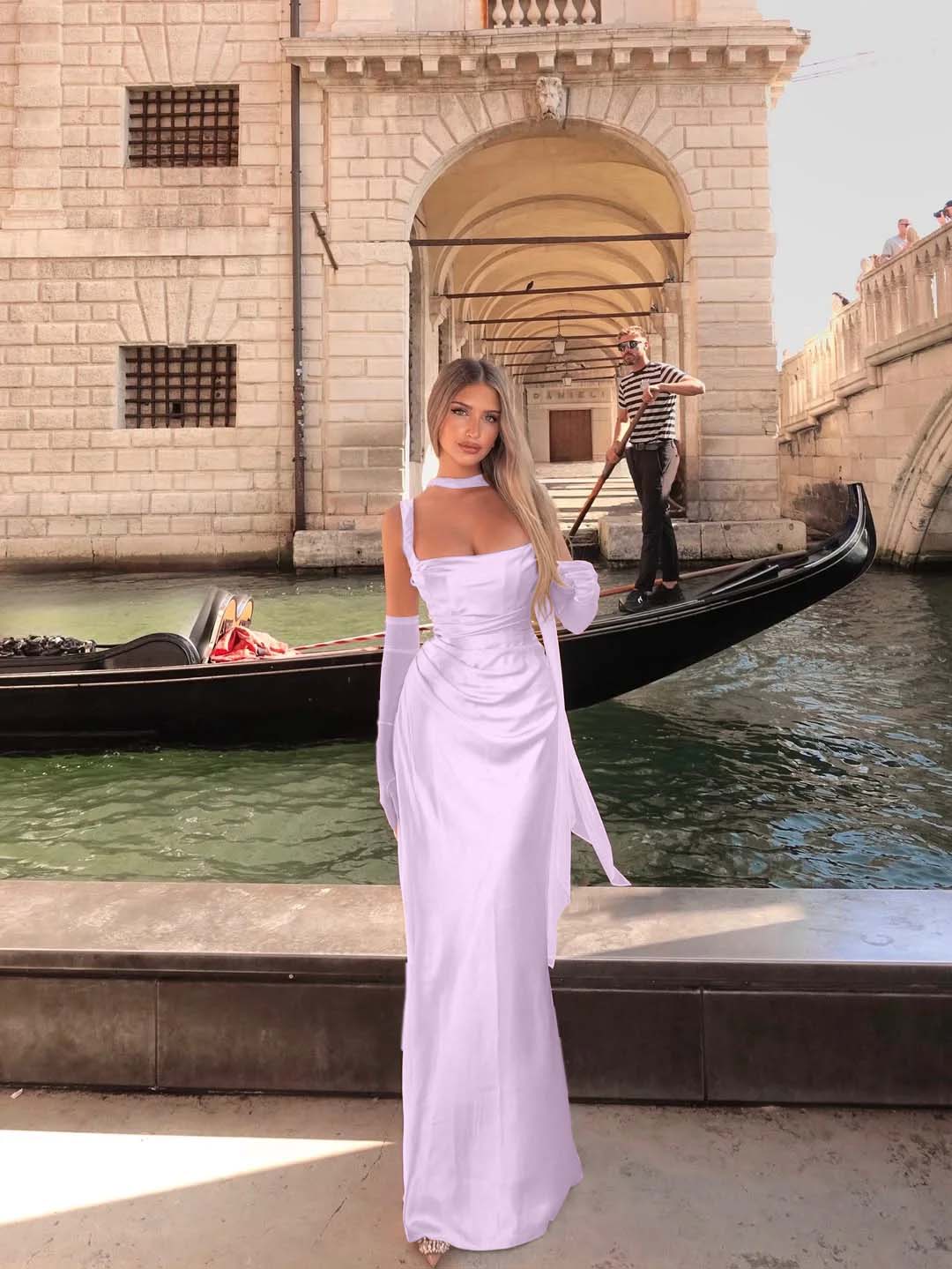 Spaghetti Strap Sleeveless Long Mermaid Prom Dress With Gloves BMBRIDE