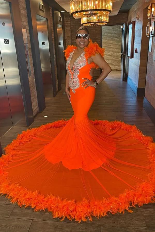 Orange Mermaid Evening Dress with Long Appliques and Feather Detail BM bride