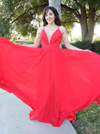 Red Halter Modern V Neck Sleeveless Backless Long Prom Dress