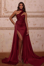 Mermaid Evening Dress with High Neck Split Beads and Ruffles BM bride