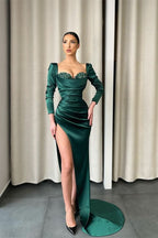 Long Sleeves Dark Green Evening Dress with Sequin Split BM bride